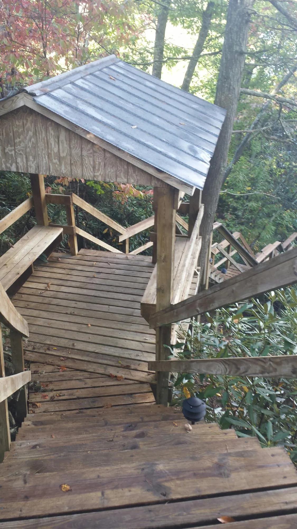 Metal roofed shelter over wooden steps on a wooded walkway — Skylight Repair & Installation work by our crew in Port Huron
